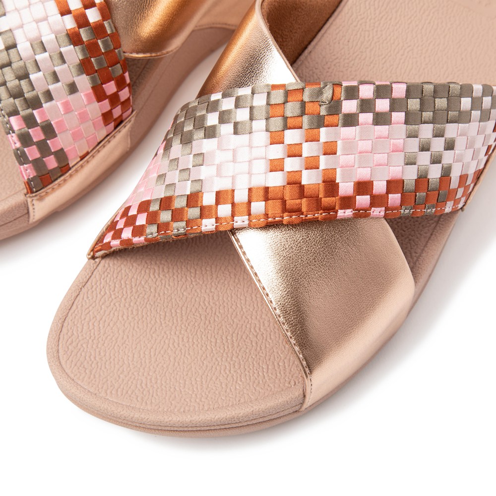 Fitflop Womens Slides - Lulu Silky-weave Cross - Coral Pink - 628-KRNJDP